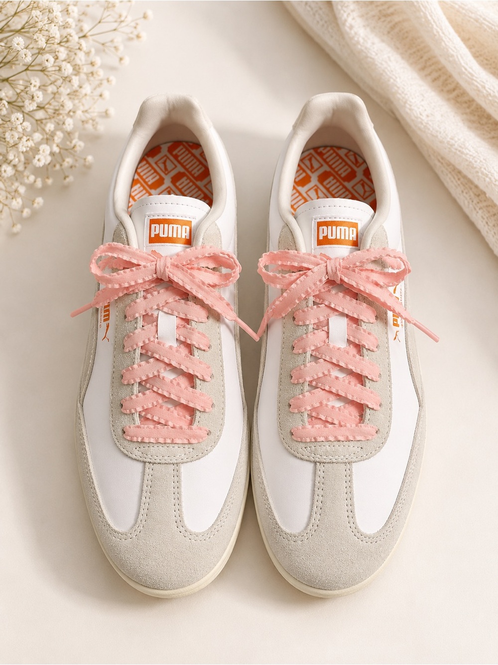 Puma White Sneakers with Pink Laces